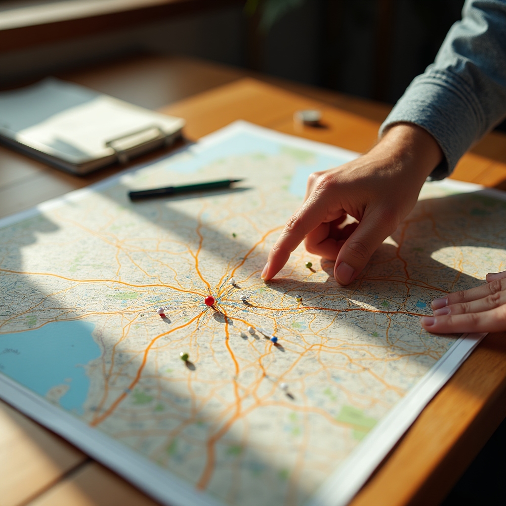 Route planning session with a printed map of Bucharest streets on an office desk