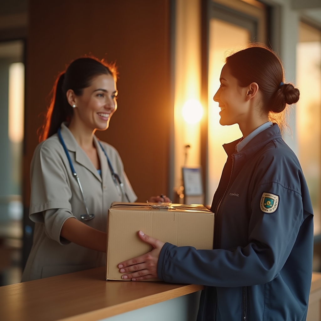 Courier delivering a sealed package at a medical clinic reception desk