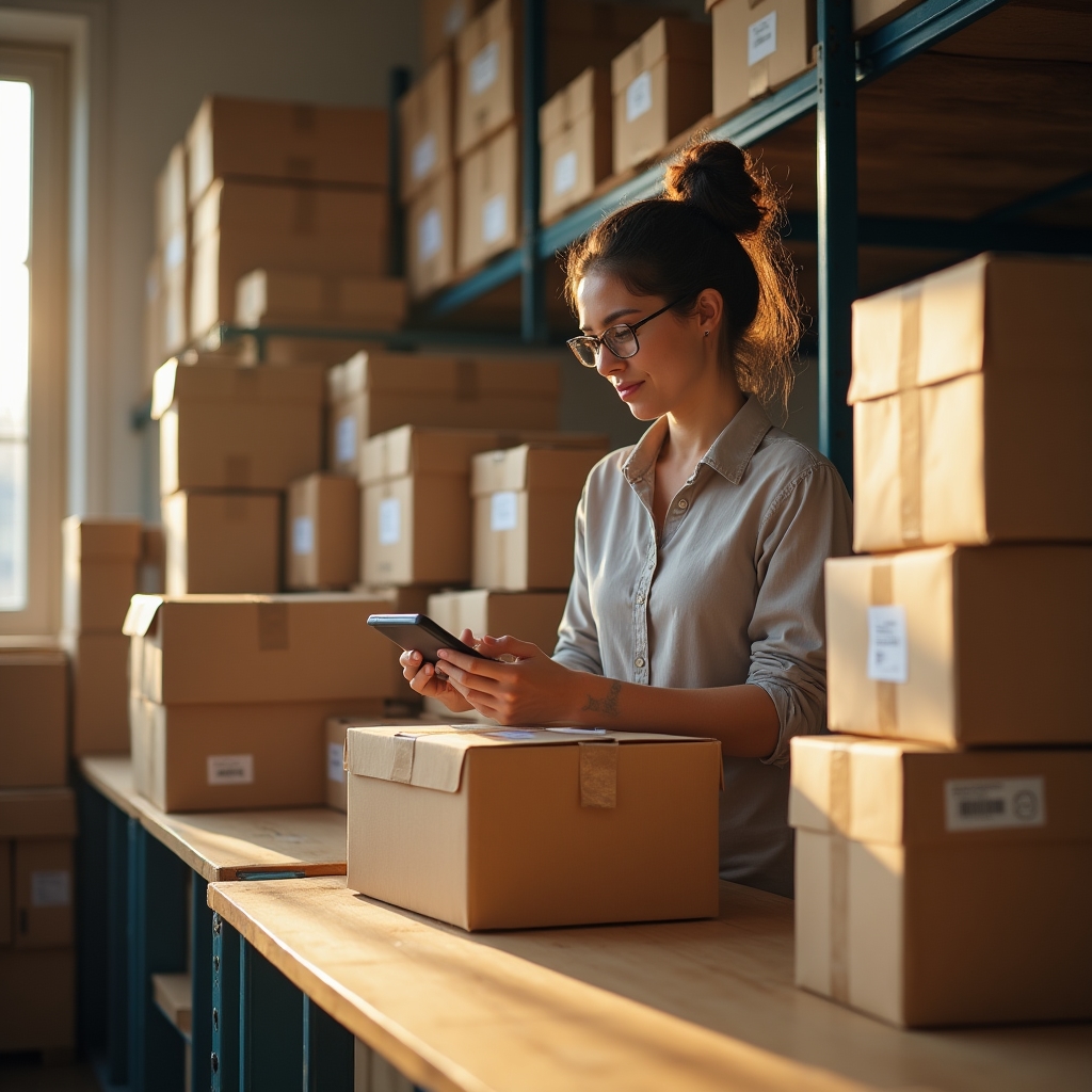 Small e-commerce storage room with parcels sorted and labelled for same-day pickup