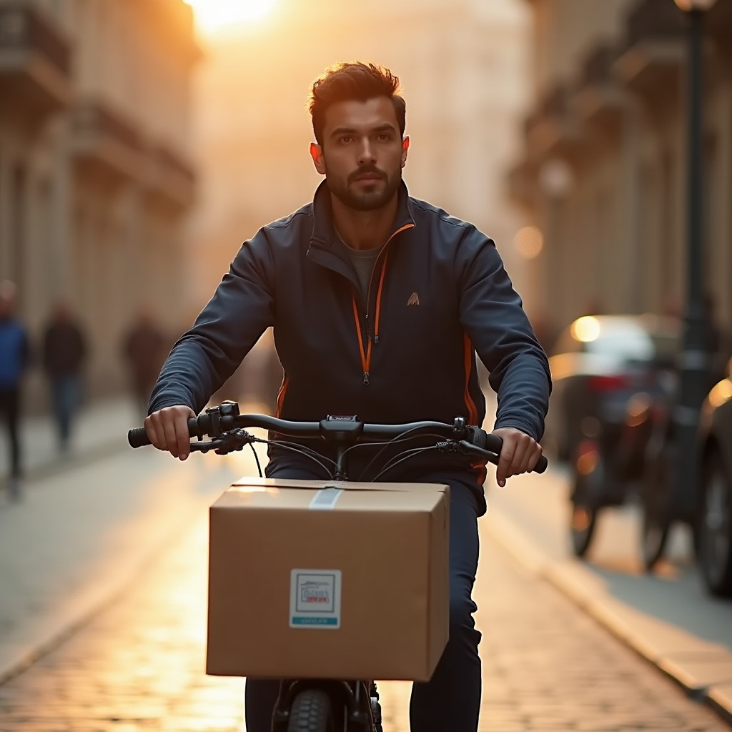 Courier riding an electric cargo bike through a Bucharest street at sunrise
