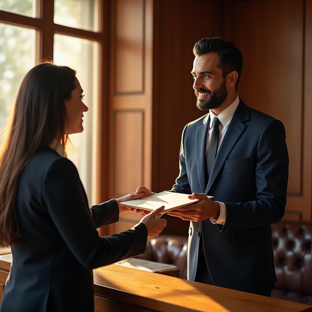 Courier handing a sealed envelope to a receptionist at a law firm entrance